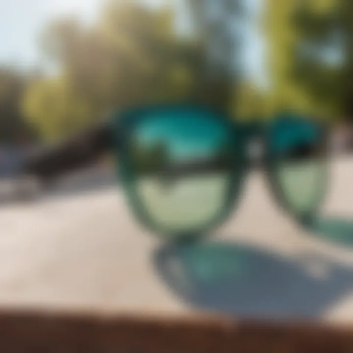 Comparison of Prizm Jade Iridium lenses with traditional sunglasses on a skate park bench.