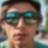 Close-up of a skater wearing Prizm Jade Iridium sunglasses while performing a trick.