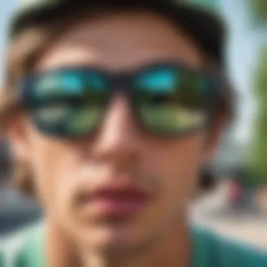 Close-up of a skater wearing Prizm Jade Iridium sunglasses while performing a trick.