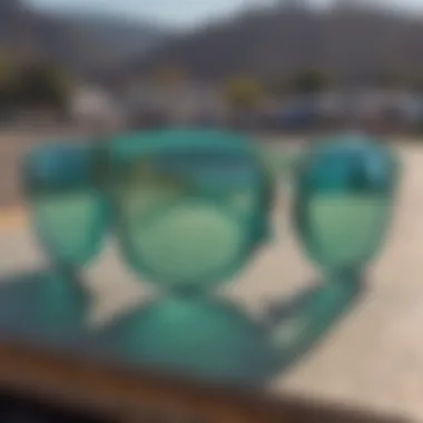 A stylish display of various Prizm Jade Iridium sunglasses models on a skateboard deck.