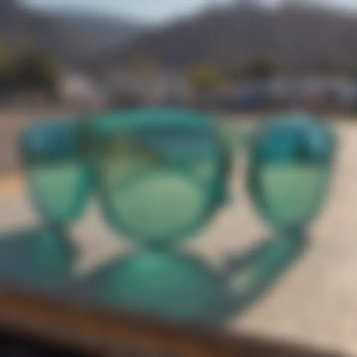 A stylish display of various Prizm Jade Iridium sunglasses models on a skateboard deck.