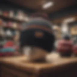 A stylish display of various beanies in a boutique setting.