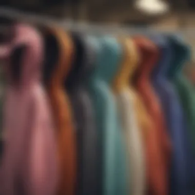 An assortment of reverse weave hoodies in various colors hanging on a rack