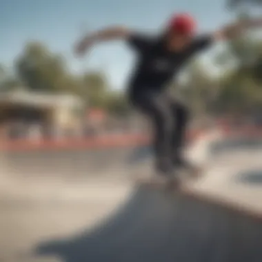 A skater wearing a Santa Cruz hat while performing tricks at a skate park