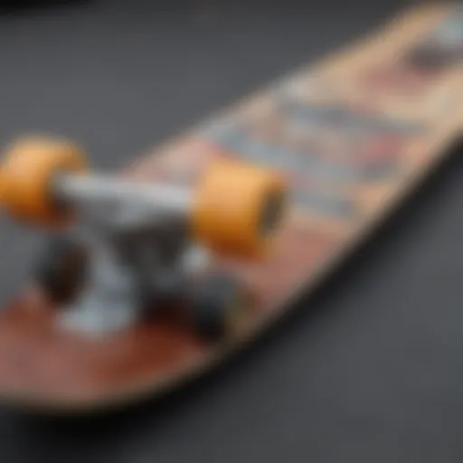 Close-up of a small cruiser skateboard deck showcasing its unique design and graphics