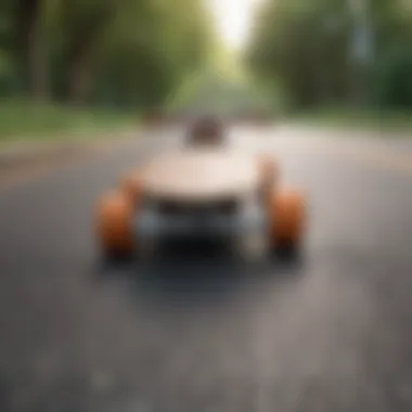 A small cruiser skateboard in motion on a scenic urban pathway