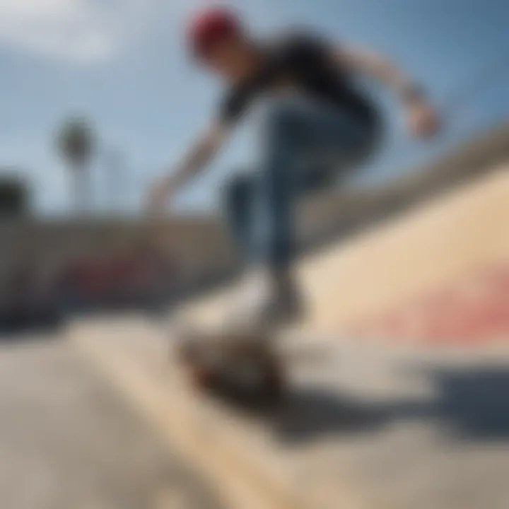 Skateboarder performing a trick in color tattoo Vans on a ramp