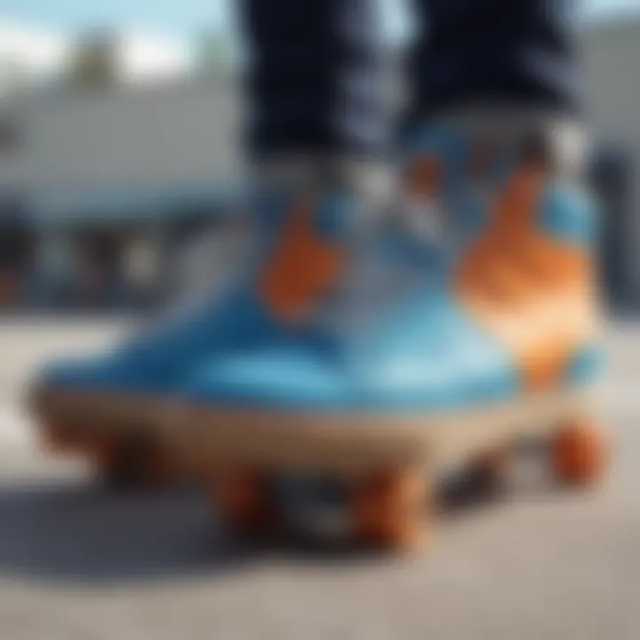 Close-up of blue and orange skate shoes on a skateboard