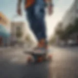 Dynamic skateboarding scene featuring blue and orange shoes