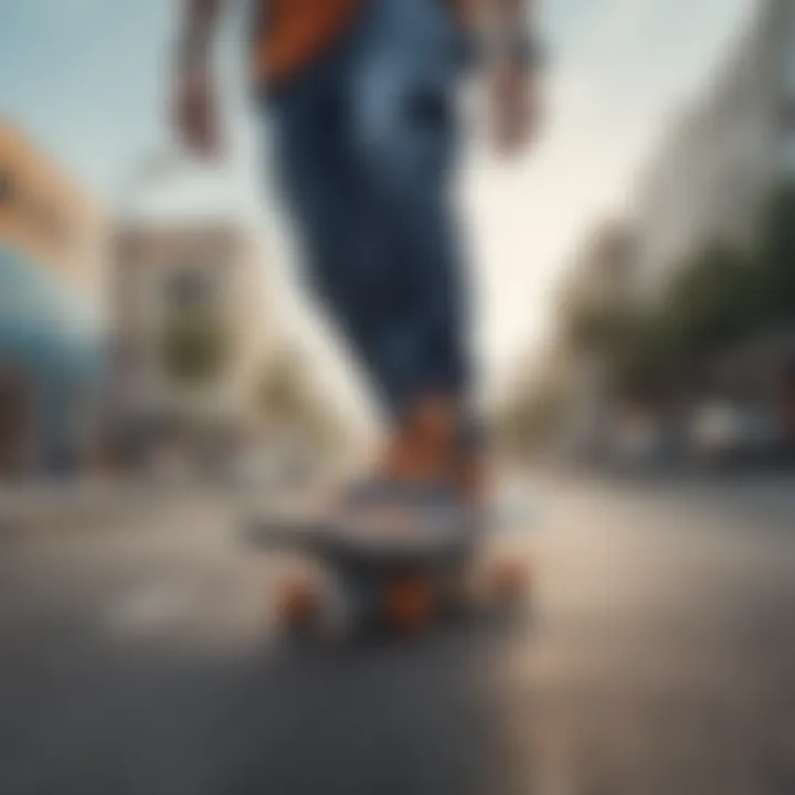 Dynamic skateboarding scene featuring blue and orange shoes