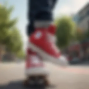 Skater performing tricks while wearing red low top Chucks