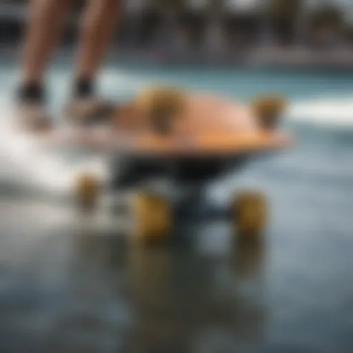 A close-up view of a high-performance surfskate showcasing its unique design and features.