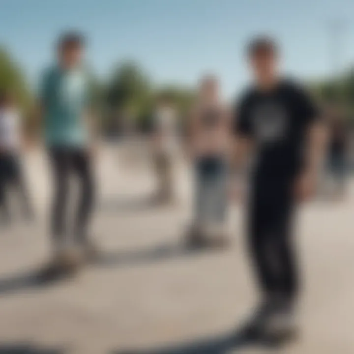 Skaters wearing edgy shirts in a dynamic urban skatepark scene