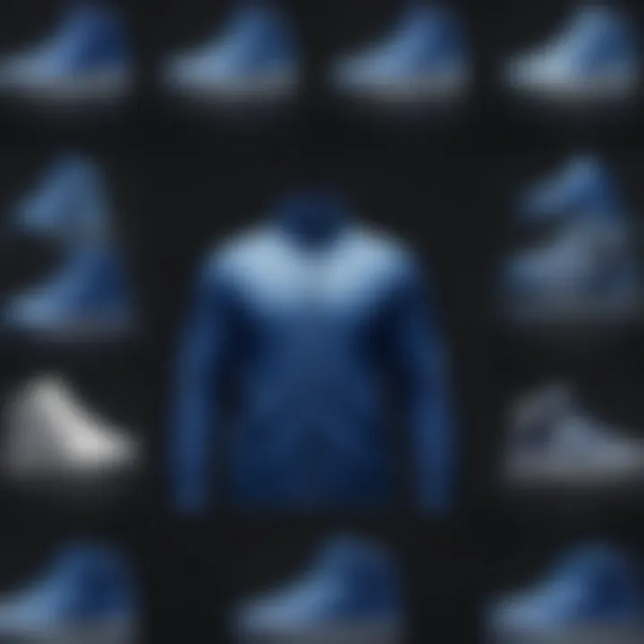 A display of various design iterations of the blue Nike zip-up through the years.