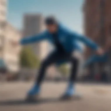 An urban skateboarding scene featuring a skater wearing a blue Nike zip-up.