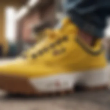 Close-up of the Fila Disruptor in yellow highlighting its unique design features