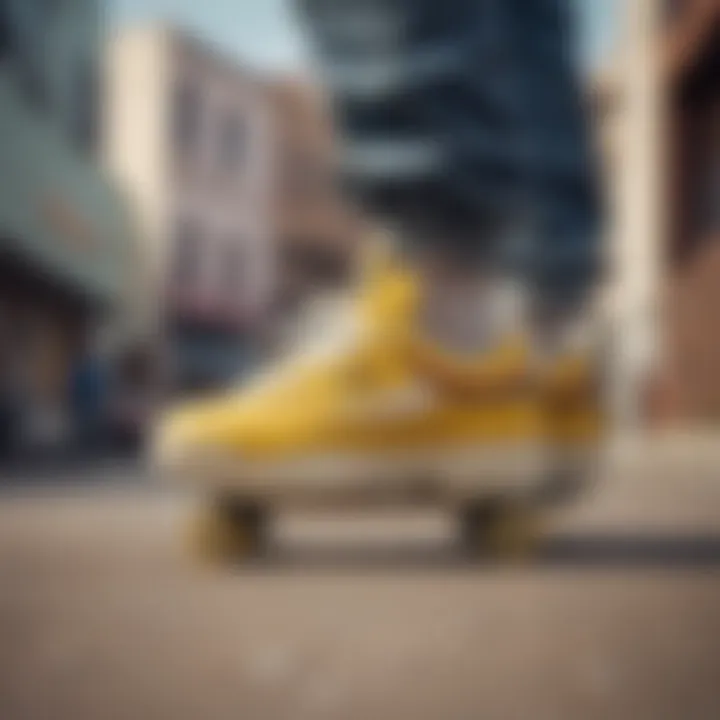 Fila Disruptor in yellow worn by a skateboarder showcasing its practical use