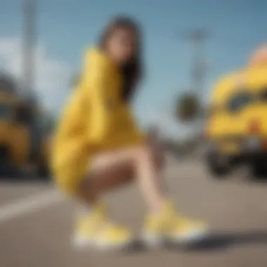 Stylish streetwear ensemble featuring the yellow Fila Disruptor