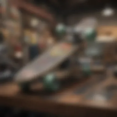 A detailed view of skateboard merchandise and local brand offerings