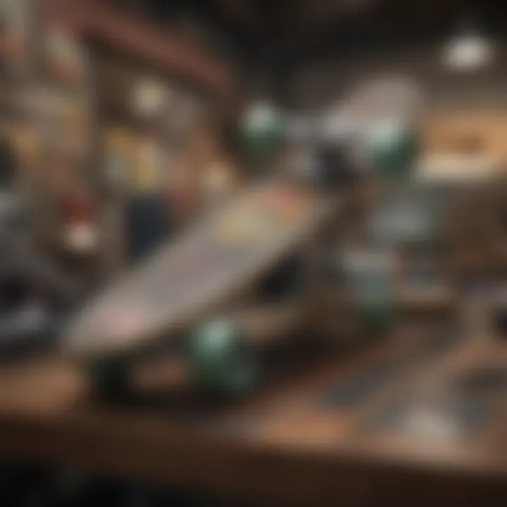 A detailed view of skateboard merchandise and local brand offerings