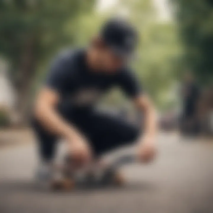 A skater adjusting the Imperial Motion hat while preparing to ride.