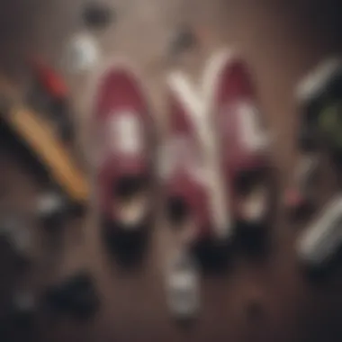 A stylish flat lay of various burgundy Vans models against a backdrop of skate gear.