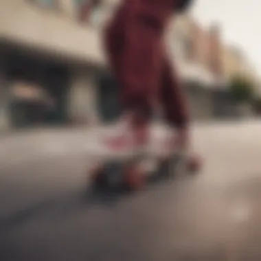 A vibrant urban skate scene featuring skaters wearing burgundy Vans, highlighting the shoes' cultural relevance.