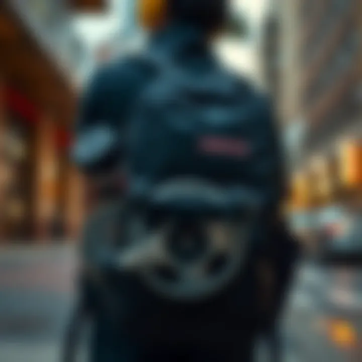 Jansport backpack loaded with skateboard gear in an urban setting