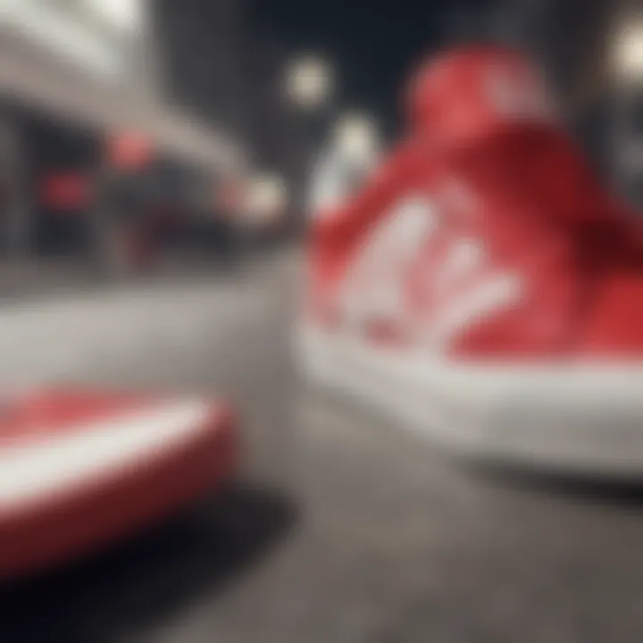 Close-up of red and white Filas showcasing design details