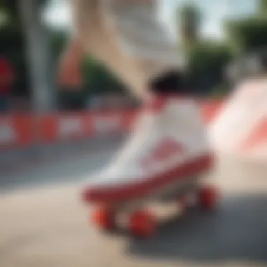 Dynamic shot of red and white Filas in a skate park setting