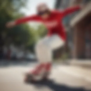 Iconic skateboarder wearing red and white Filas