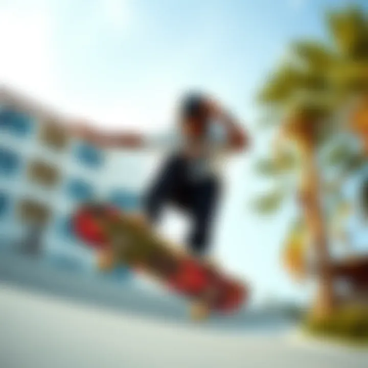 A skateboarder capturing footage while performing a trick with a camera mount