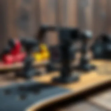 Different types of skateboard camera mounts displayed on a wooden background