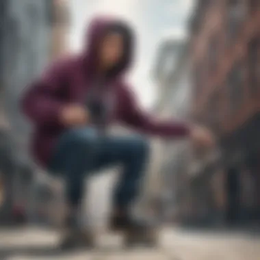 Skateboarder wearing the Spider Brand Hoodie in an urban setting