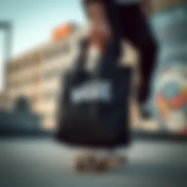 Vans Tote Bag in a Skateboarding Setting Vans black canvas tote bag in an urban skateboarding environment, reflecting its lifestyle appeal.