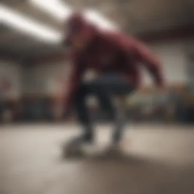 Skater wearing the Vans Burgundy Windbreaker while performing a trick