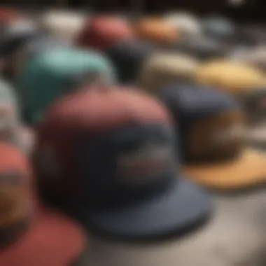 Close-up of strapback dad hats showcasing diverse materials and designs