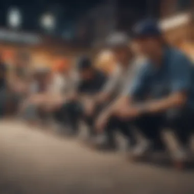 Group of skateboarders wearing strapback dad hats, emphasizing community and culture