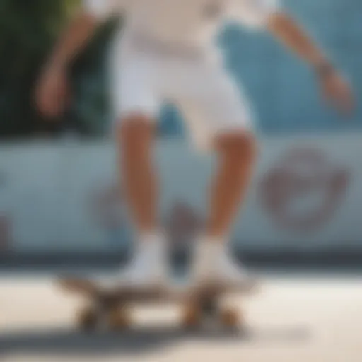 A skater performing tricks in white Dickies shorts on a skateboard