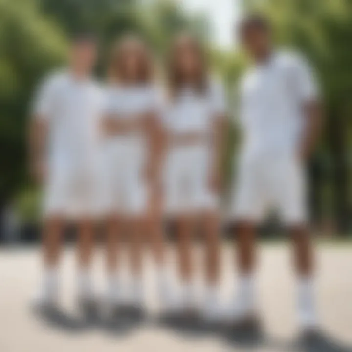 Group of skaters relaxing in a park wearing white Dickies shorts