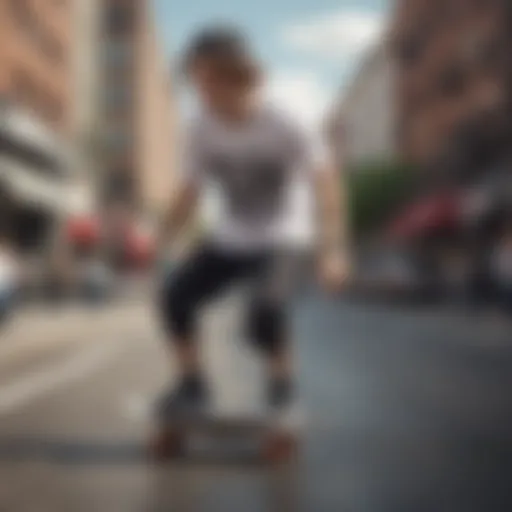 A skater showcasing the Zoomies shirt in an urban setting