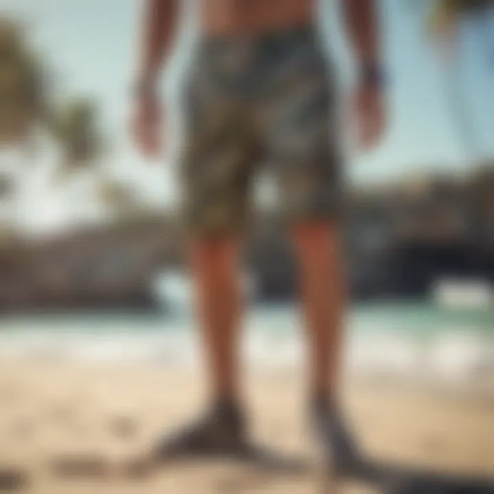 Stylish outfit featuring tiger camo board shorts at the beach