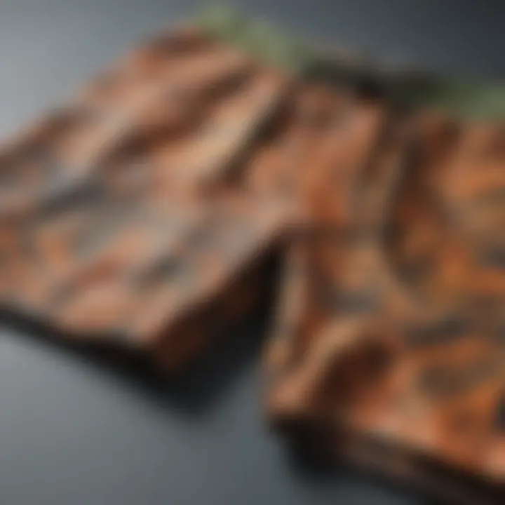 Close-up of the fabric and texture of tiger camo board shorts