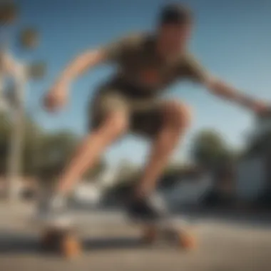 Skater showcasing tiger camo board shorts in action