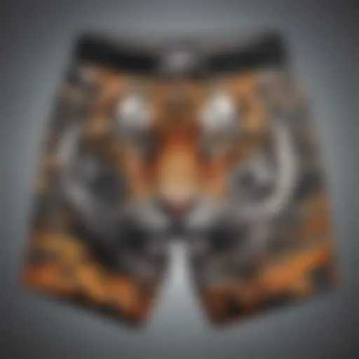 Stylish tiger camo board shorts on display