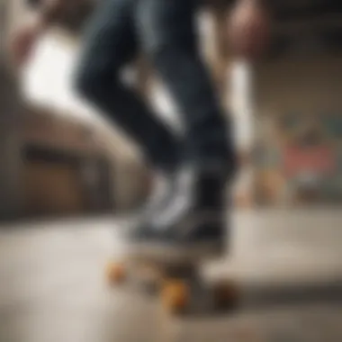 Skater performing tricks wearing Vans Hi shoes on a skateboard