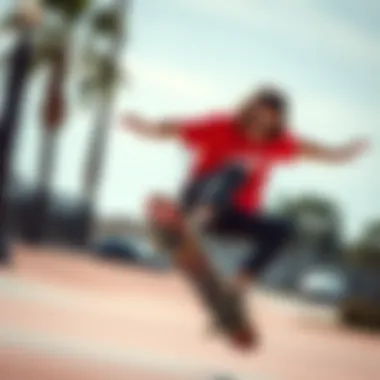 Skater Executing Tricks in Vans Red Shirt A skater performing tricks while wearing a Vans red shirt.