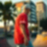 A vibrant Vans red shirt displayed in an urban skatepark setting.