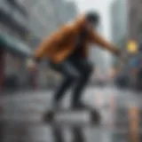 A skateboarder wearing a Vans waterproof jacket during a rainy skate session