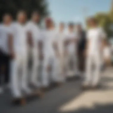 A group of skateboarders showcasing their unique styles with white Dickies